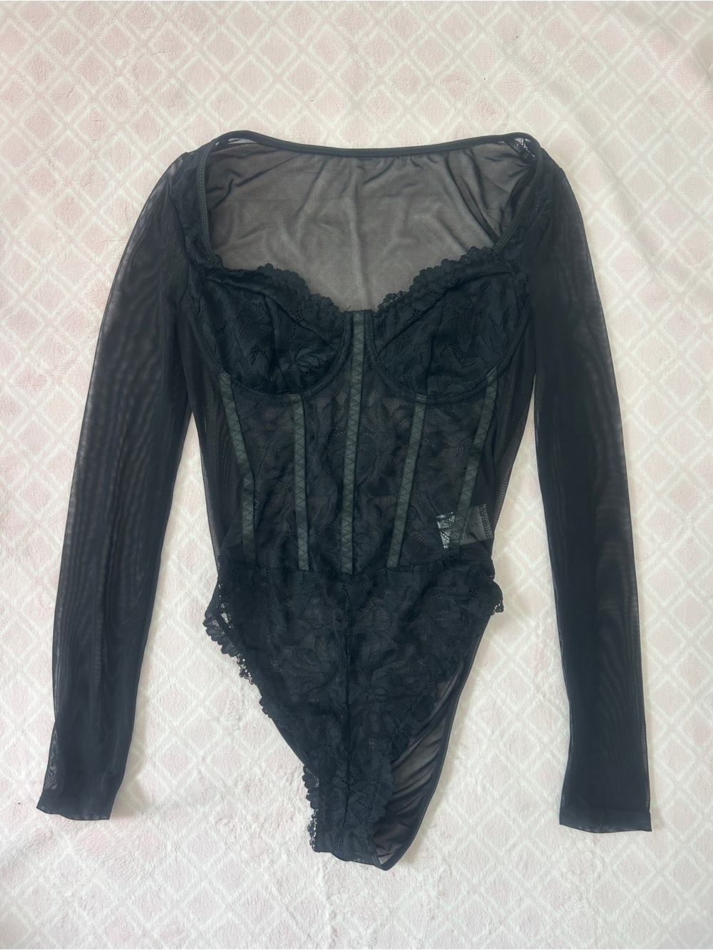 Sheer Black Lace Long-Sleeve Bodysuit